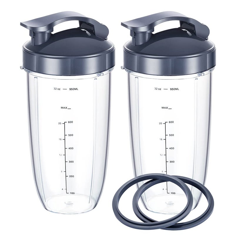 VGEFC Blender Replacement Cups for Nutribullet Blender, 32OZ Measuring Scale Cups with 2 Flip Top To Go Lids and 2 Rubber Gaskets, Compatible with Nutri Bullet 600W/900W Blenders (6 PCS) - Image 1